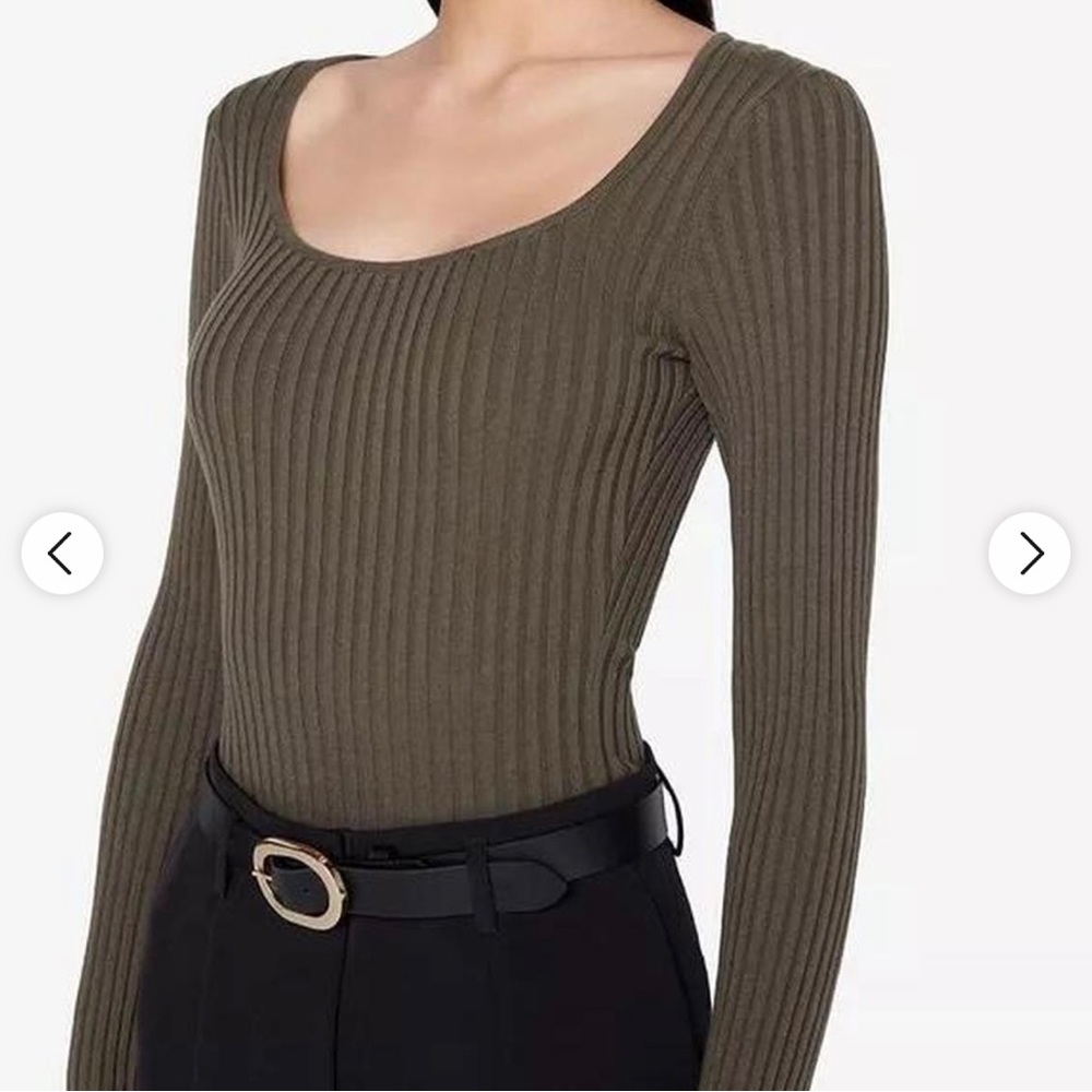 Anine Bing Olive Ribbed Long-Sleeve Scoop Neck Bodysuit